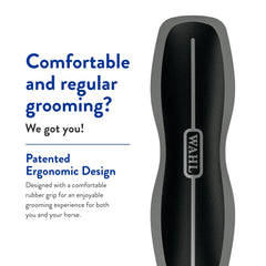 Wahl Stiff Body Horse Brush clears dirt from a horse's coat during routine grooming.