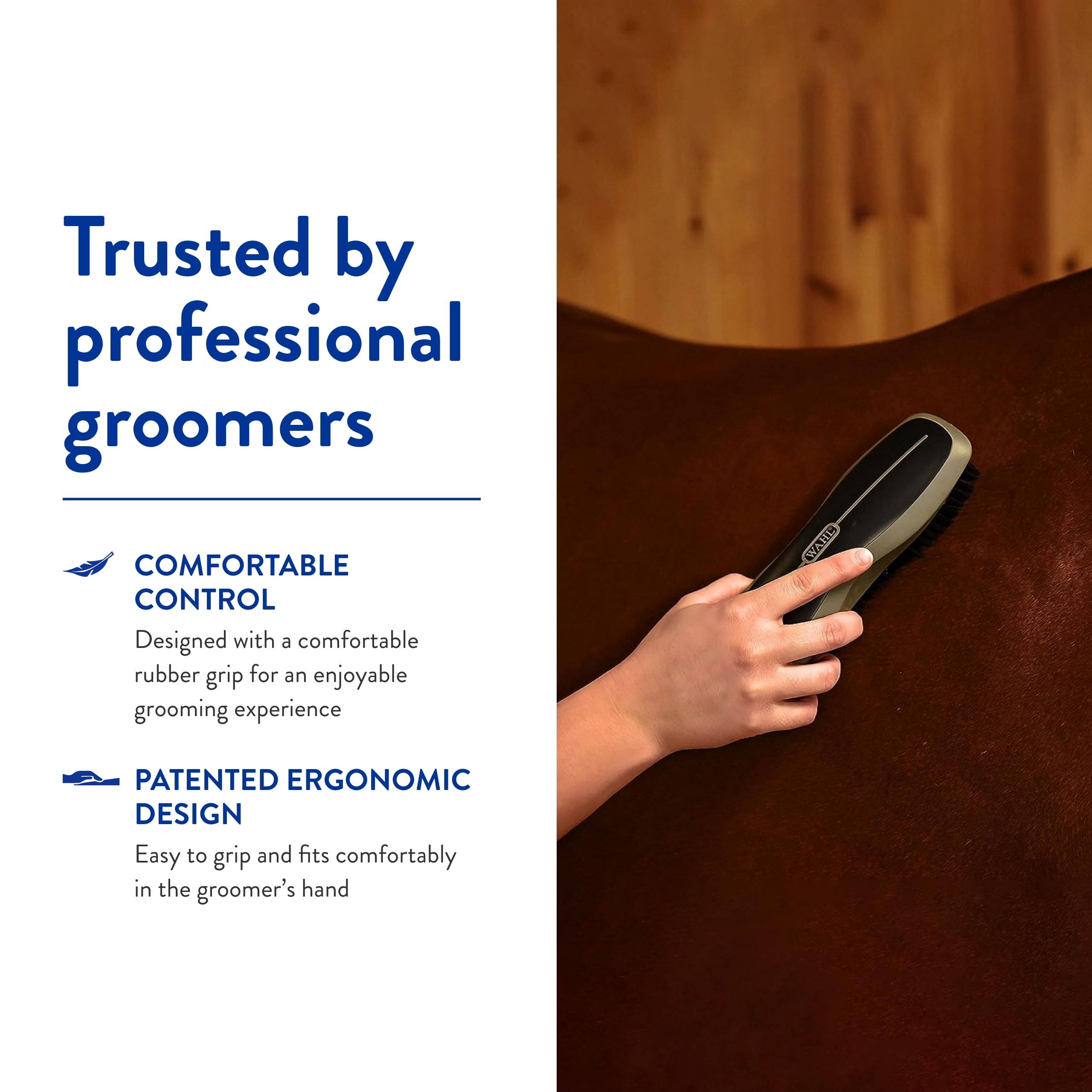 Wahl Stiff Body Horse Brush in hand shows secure grip for precise brushing.