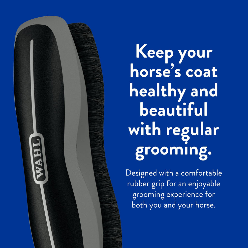 Wahl Stiff Body Horse Brush highlights ergonomic design for easy maneuvering along the horse.