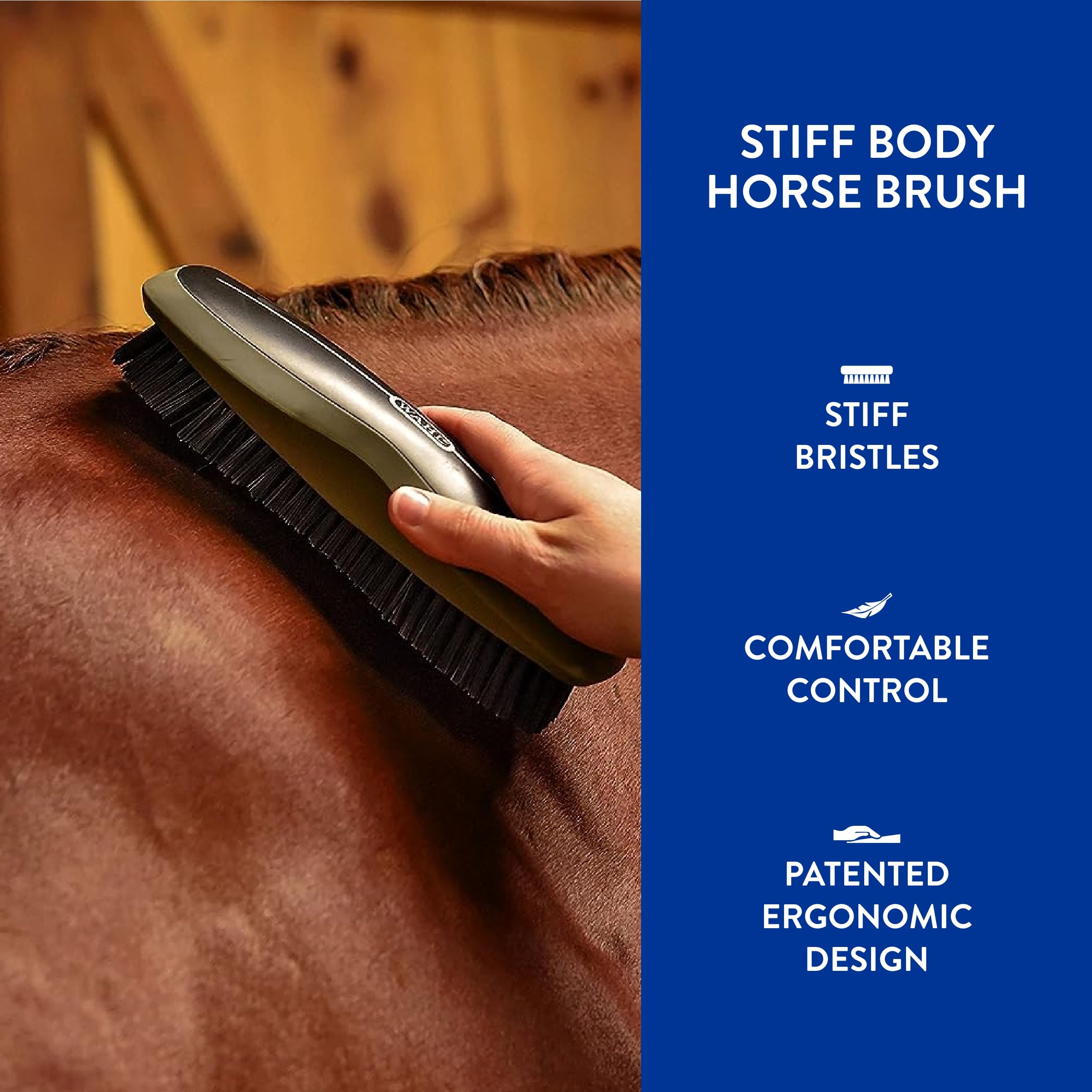 Wahl Stiff Body Horse Brush demonstrates a comfortable rubber grip for extended brushing.