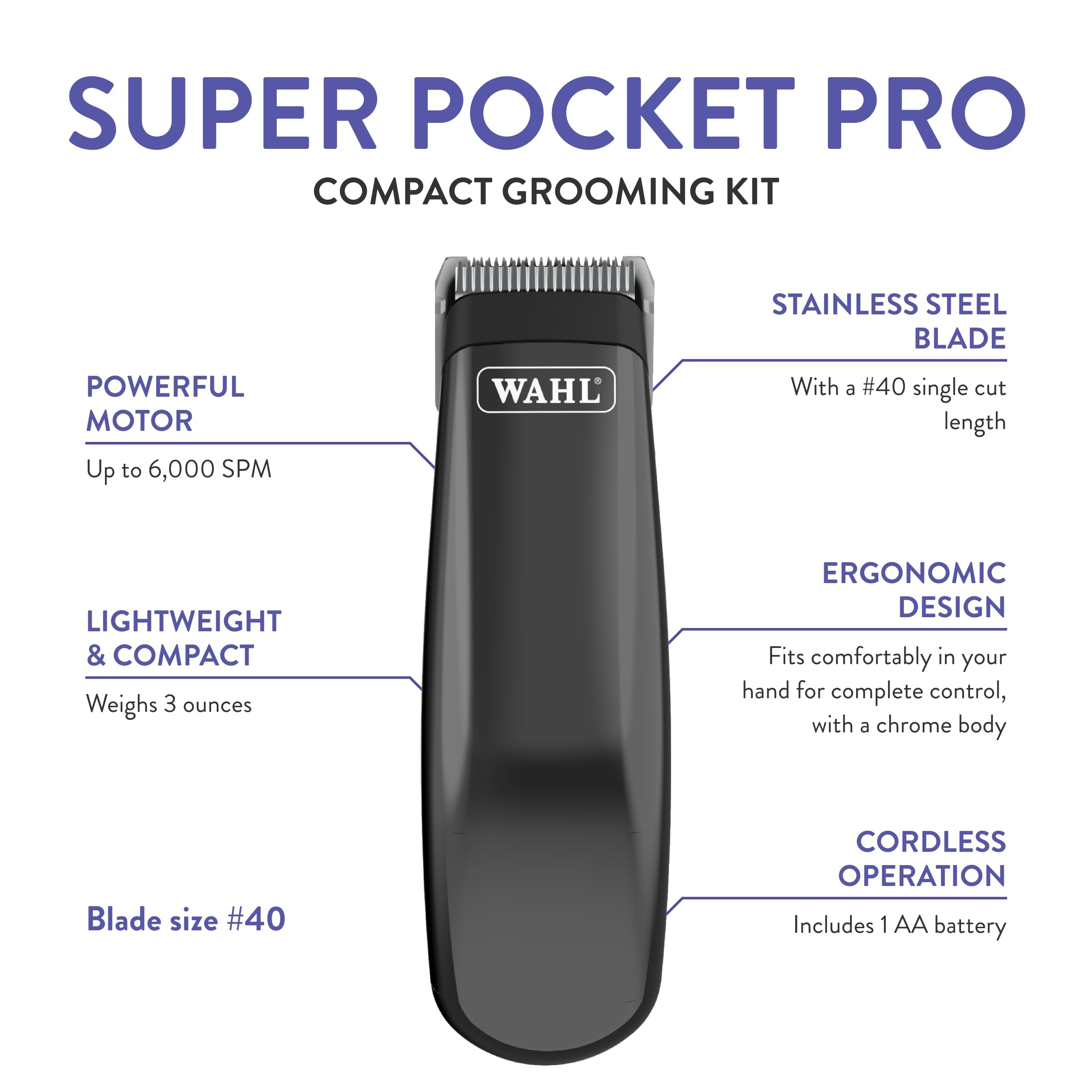 Wahl Super Pocket Pro ergonomic handle for comfortable, precise trimming