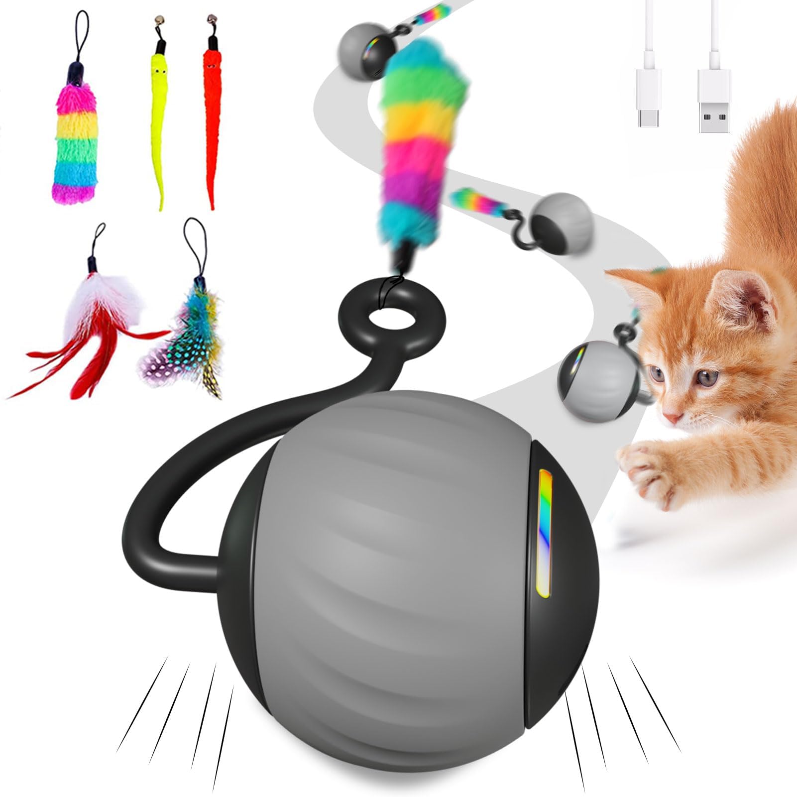 WAKHJAKT 5-in-1 cat toy ball with LED lights promotes indoor play.