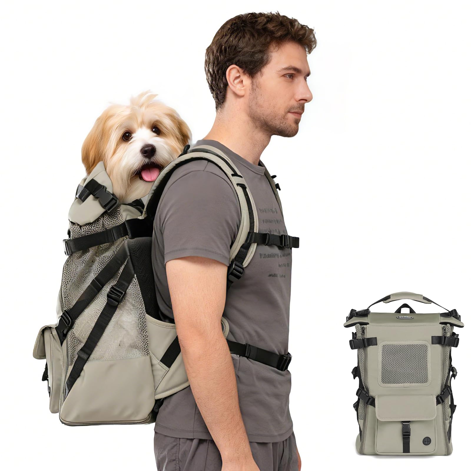 Wakytu dog backpack carrier front view for secure, hands-free travel
