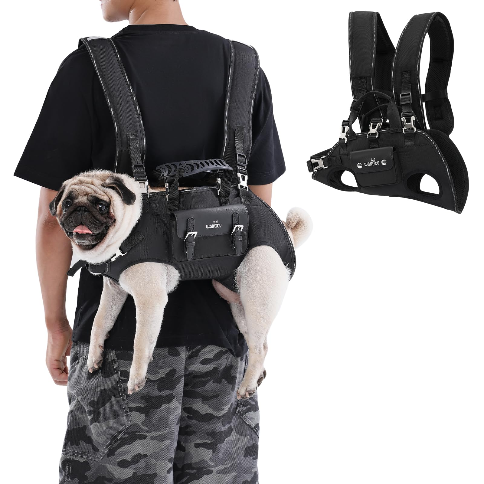 Wakytu dog backpack carrier front view for secure, hands-free outings.