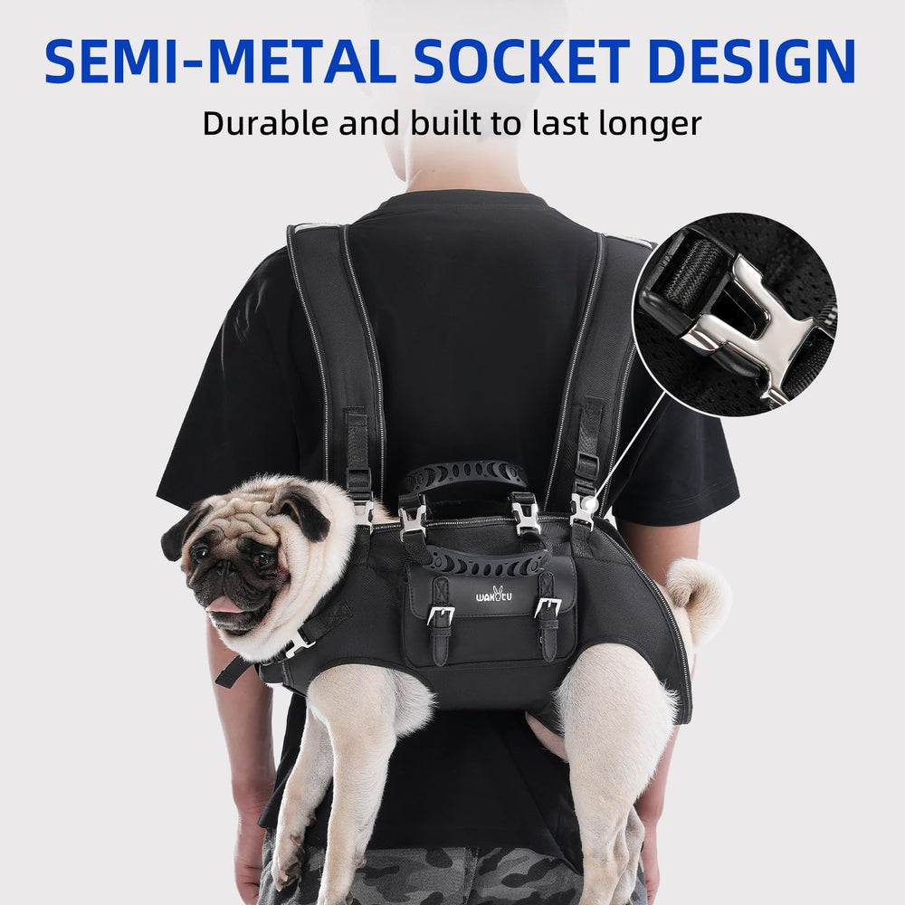 Wakytu dog backpack carrier in-use during outdoor hiking scenarios.