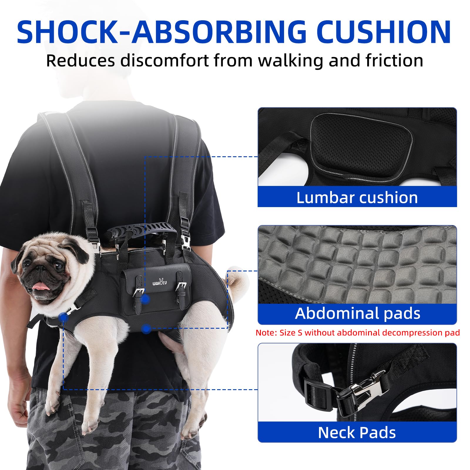 Wakytu dog backpack carrier neck padding detail adds comfort during walks.