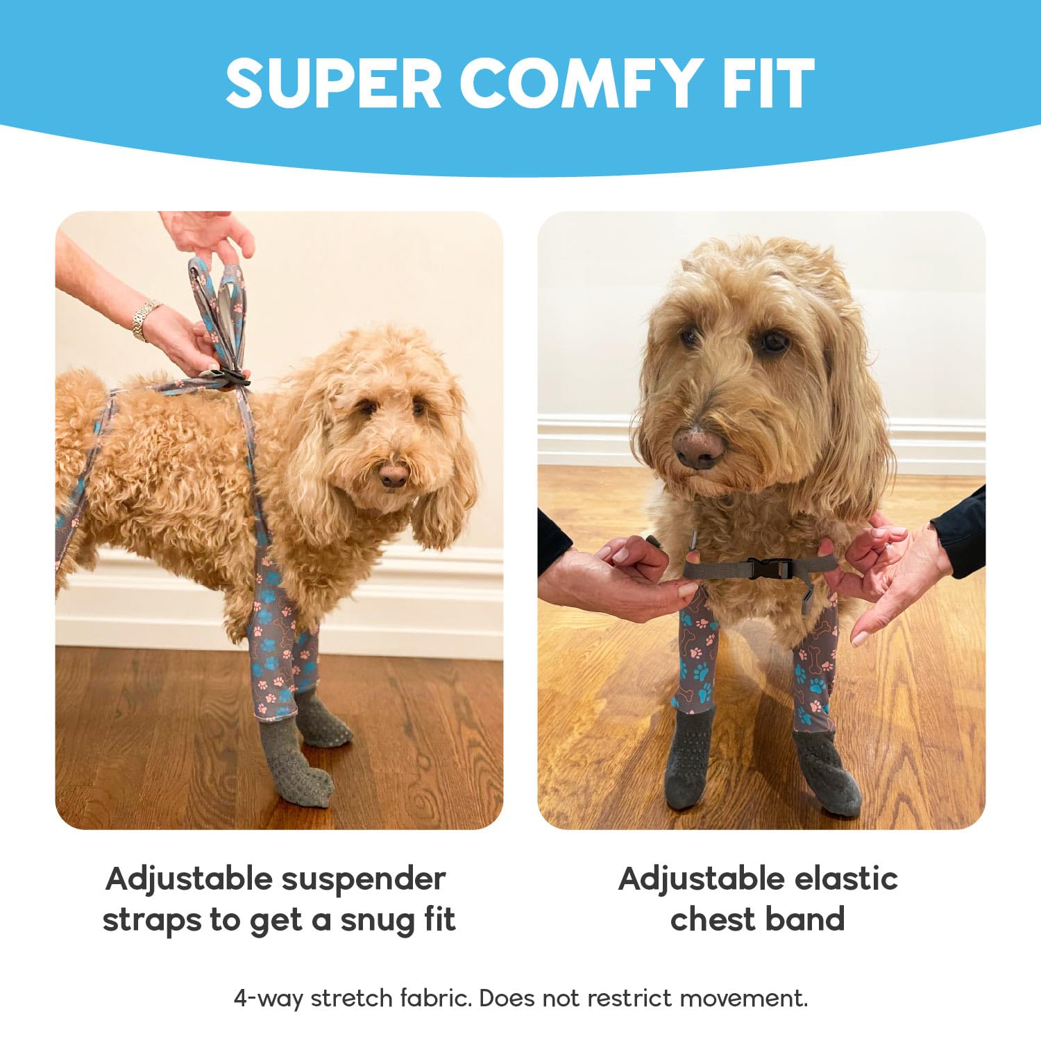 Walkee Paws dog socks on floor show improved stability on slick surfaces.