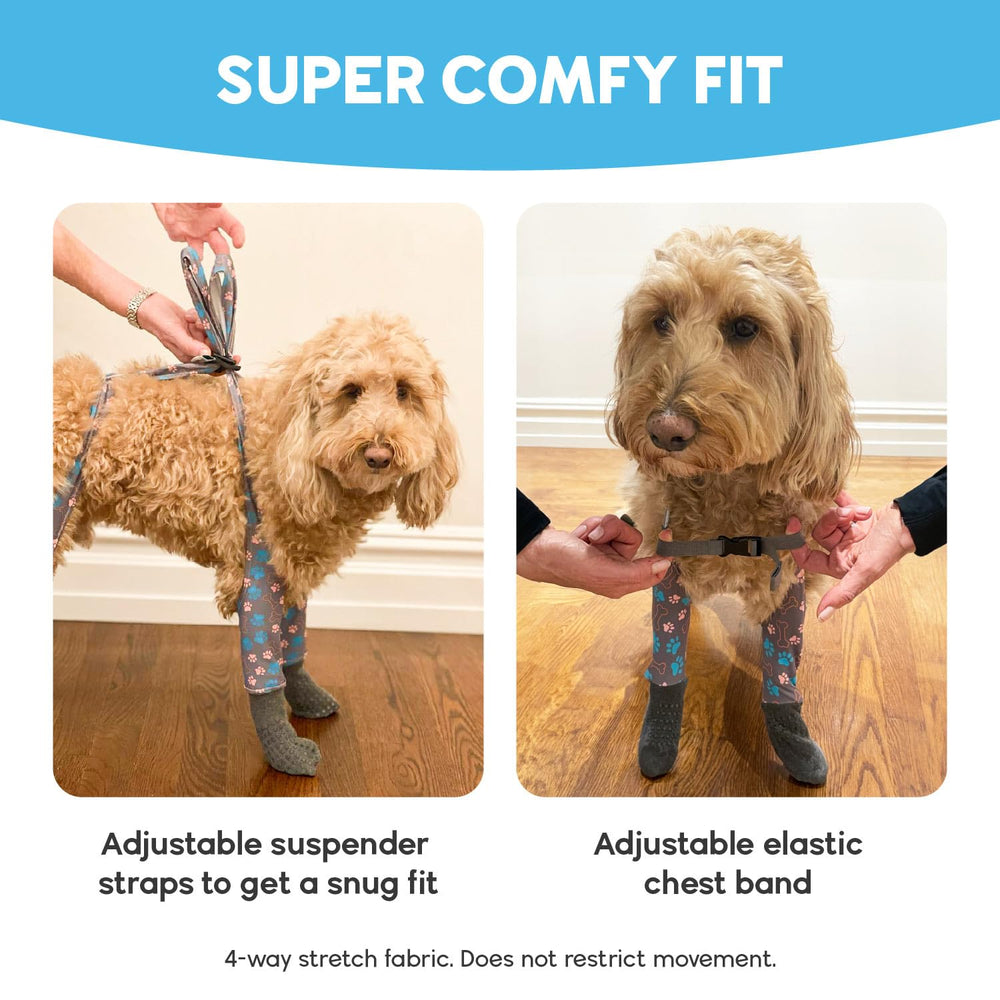 Walkee Paws dog socks on floor show improved stability on slick surfaces.