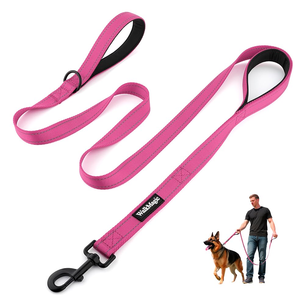 WalkMagic heavy duty double-handle dog leash in pink with 6 feet of control.