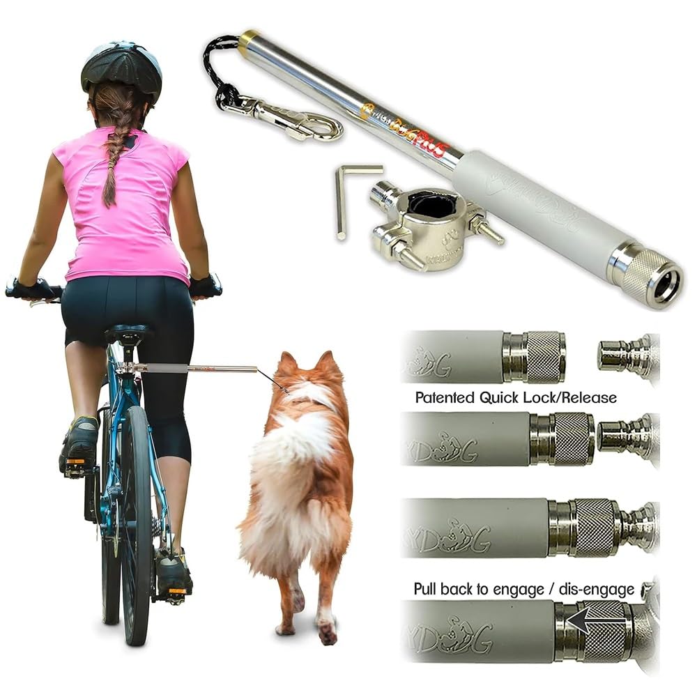 WalkyDog Plus leash on bike attachment demonstrates secure dog control during rides.