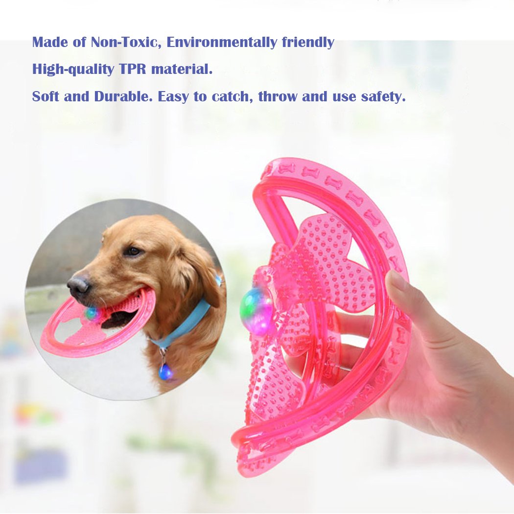 Wandrola flying disc dog toy LED lights flash red blue green for night-time fun.