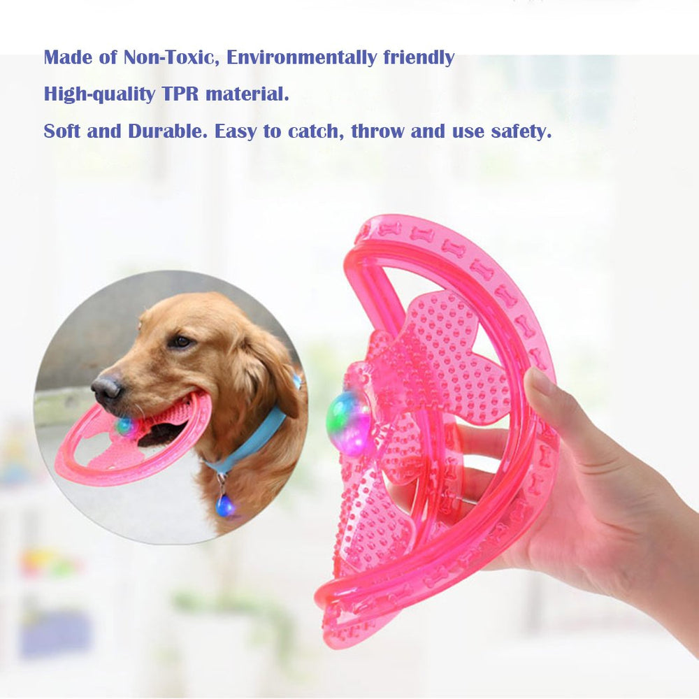 Wandrola flying disc dog toy LED lights flash red blue green for night-time fun.