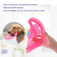 Wandrola flying disc dog toy LED lights flash red blue green for night-time fun.