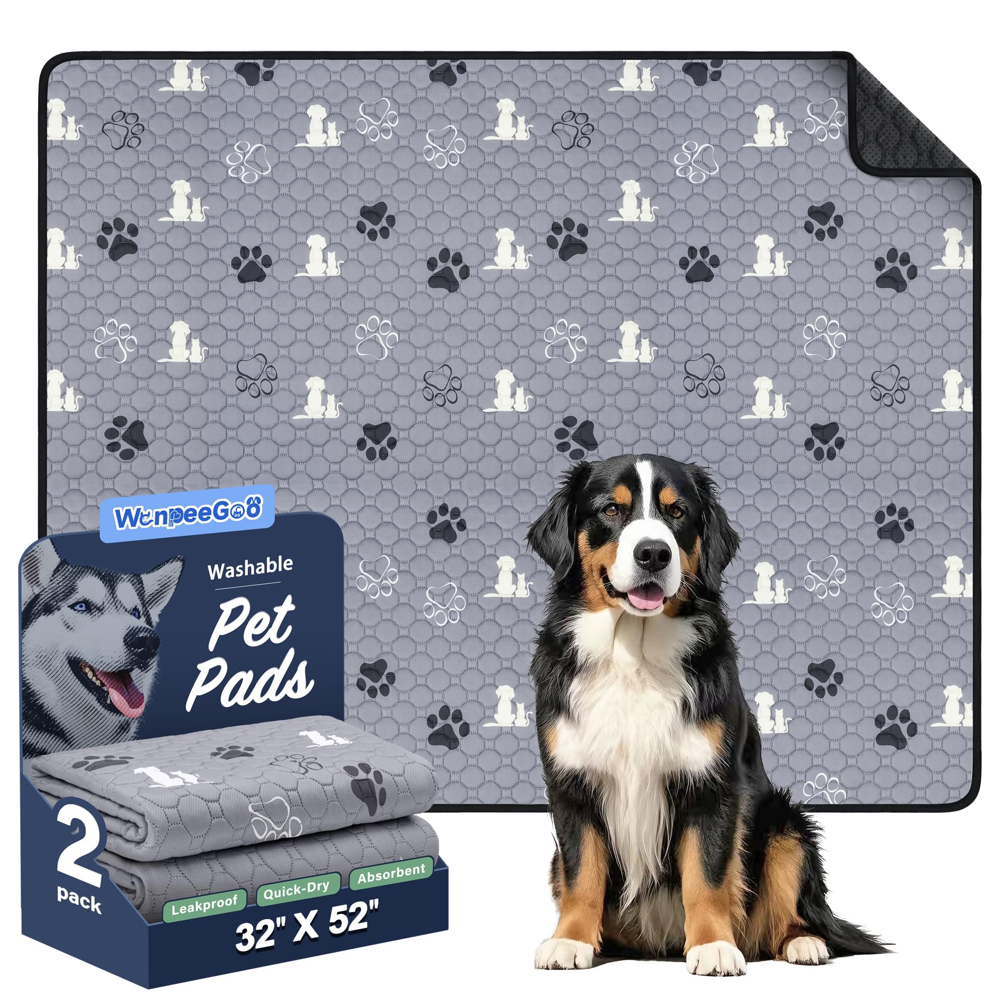 WanpeeGoo washable pee pads 2-pack on dog mat, ideal for training and floor protection.