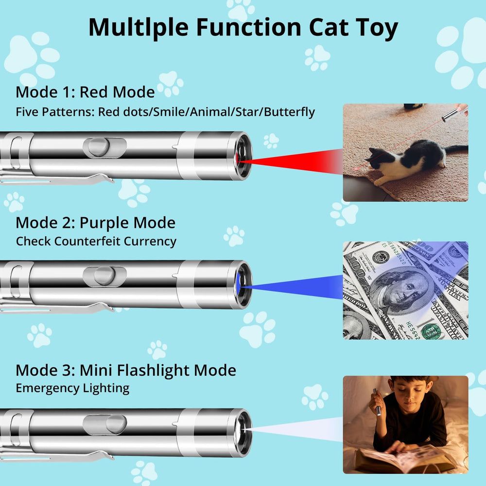 Waputne cat toy pointer with star pattern prompting energetic pouncing.