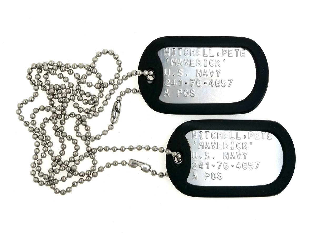 Wardog Surplus Maverick dog tag set front view highlights authentic costume detail in stainless steel