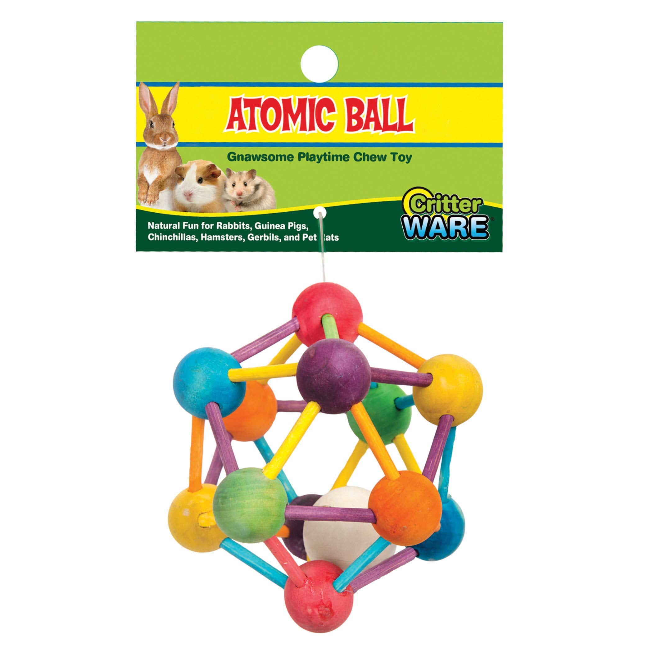Ware Manufacturing Atomic Ball wood chew toy outer view offers natural wood and safe coloring