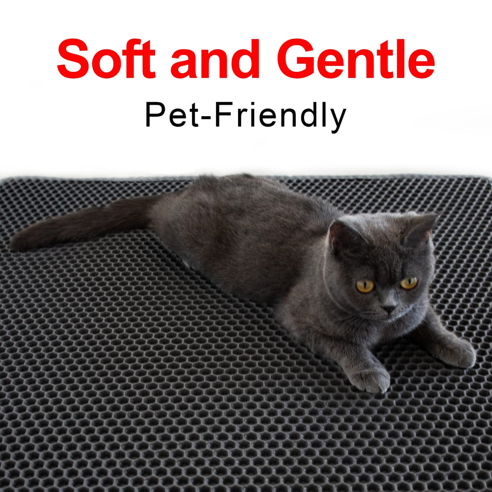 Waretary mat in use under a litter box captures stray particles efficiently.