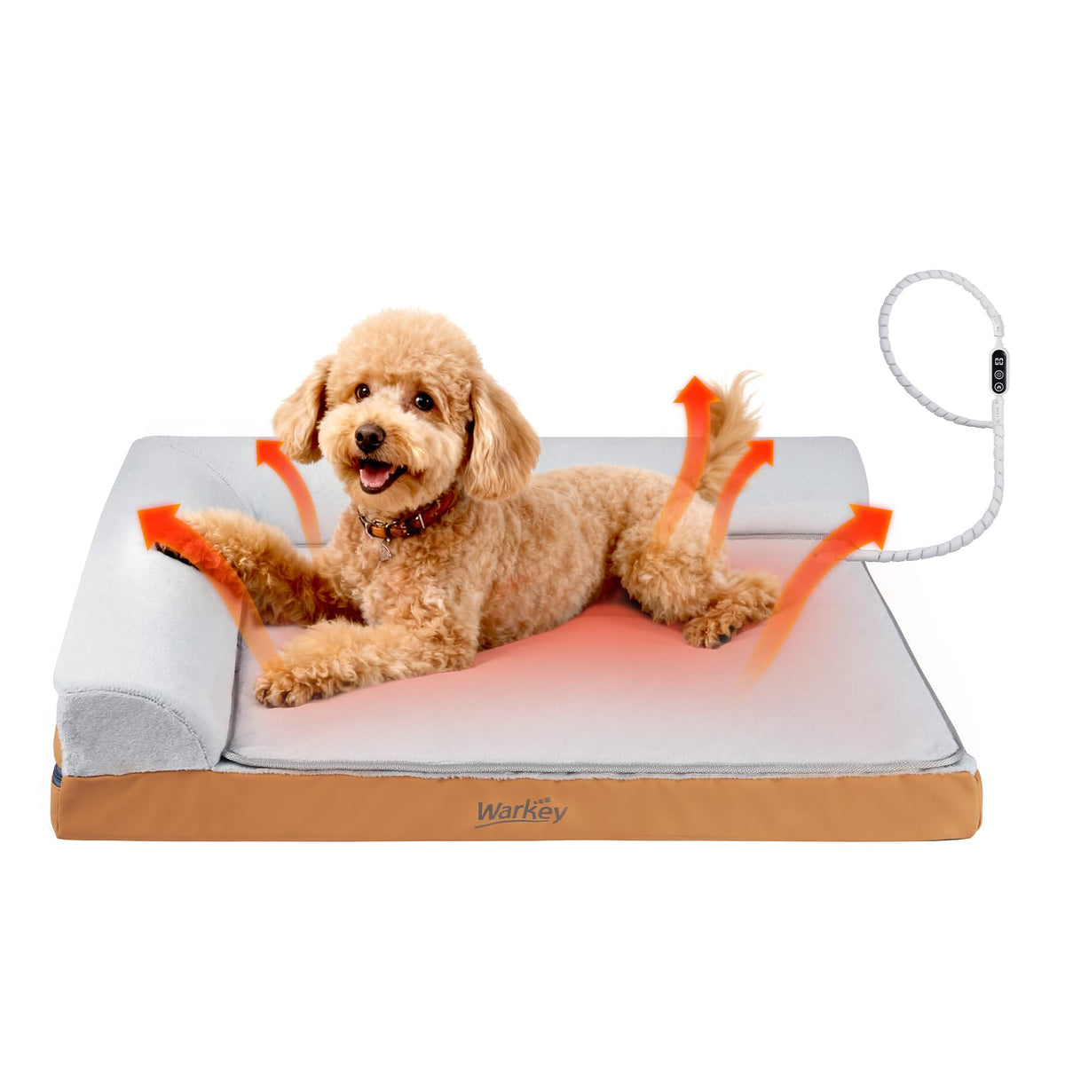 WARKEY heated dog bed cover closeup highlights waterproof fabric for easy cleaning