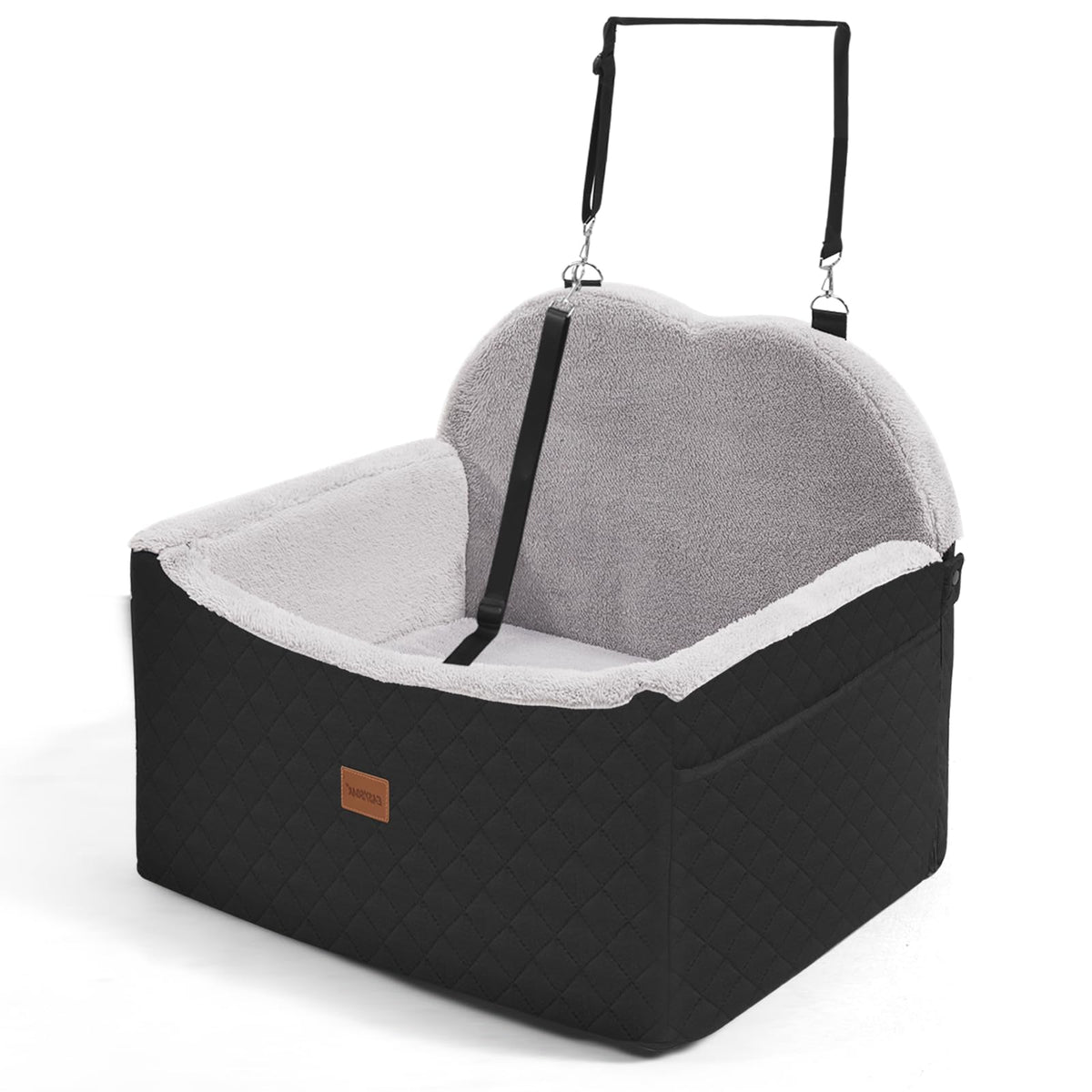 WarmInsula dog car seat front view with safety belt for secure travel