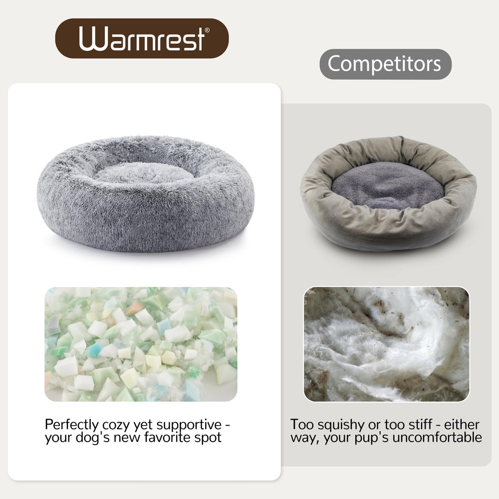 Warmrest grey donut bed—stylish, cozy resting spot for pets.
