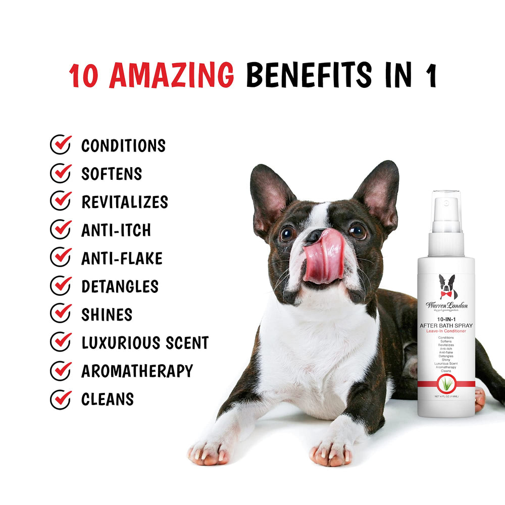 Warren London 10-in-1 spray applied to a dog's coat for detangling.