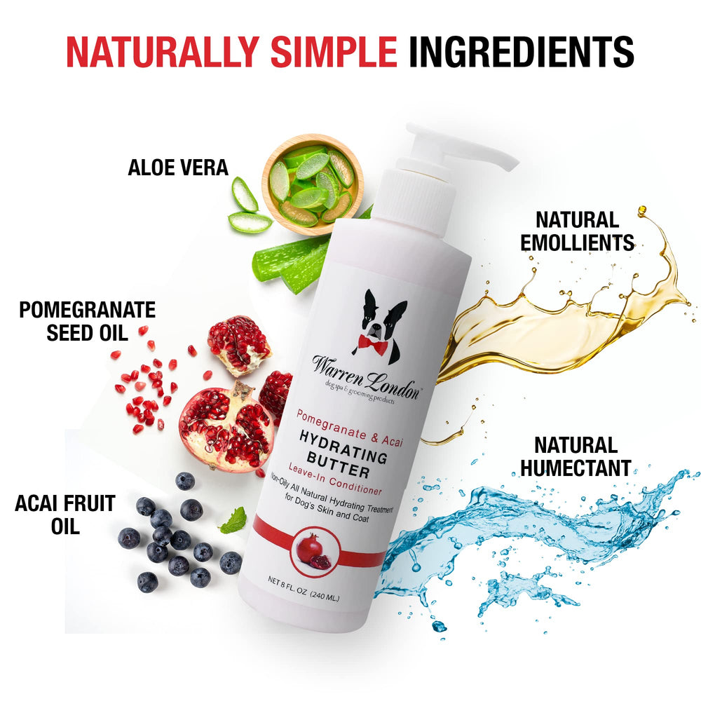 Pet grooming setup with Warren London Butter Combo on a counter suggests easy at-home bath routine.