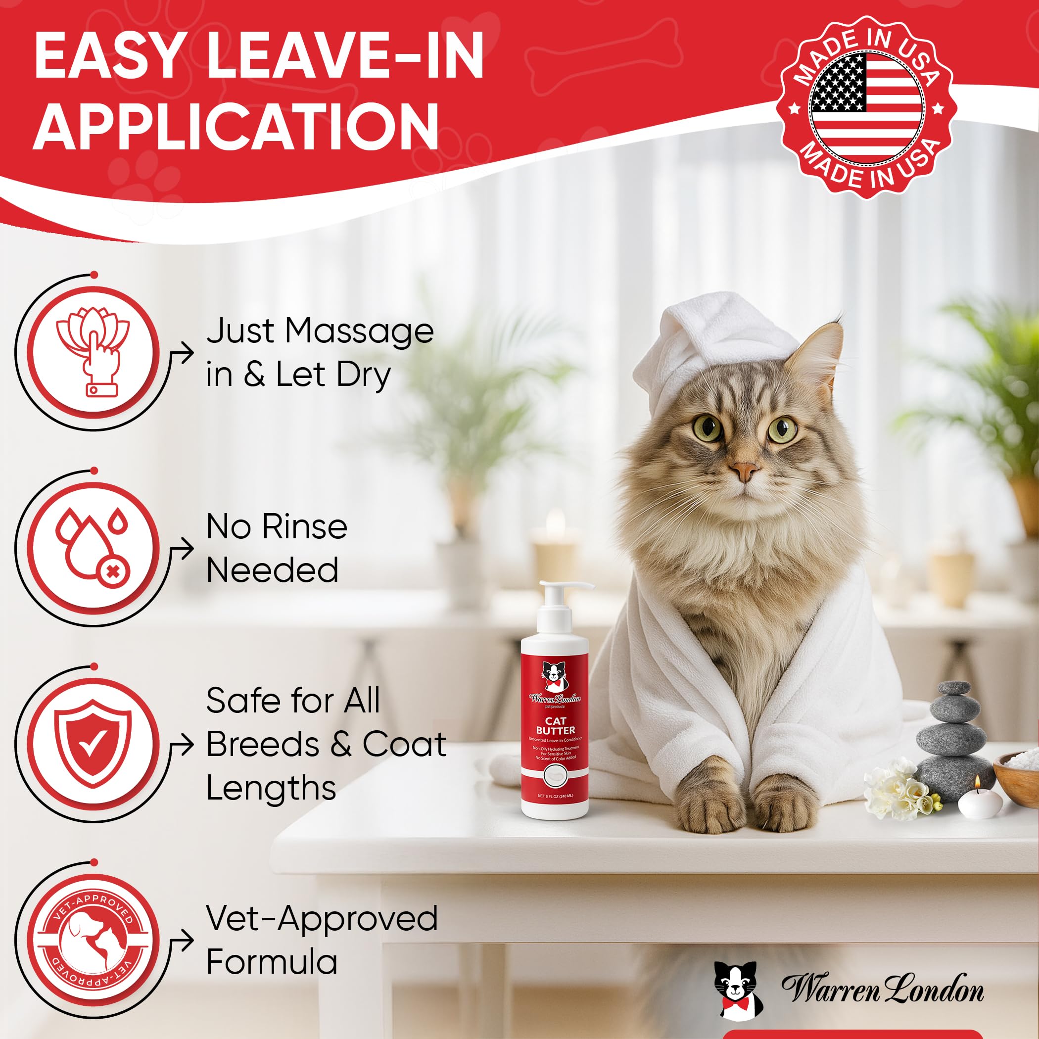 Warren London Cat Hydrating Butter bottle close-up emphasizing leave-in application.