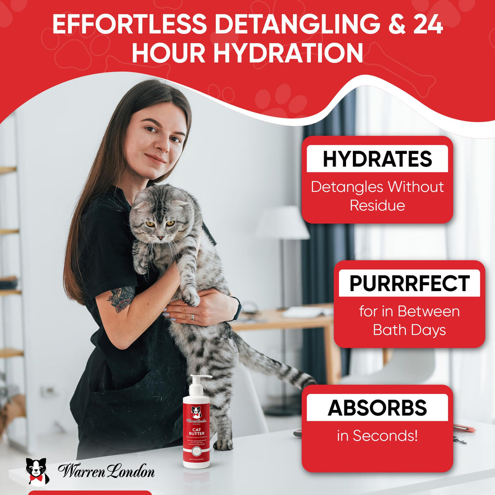 Warren London Cat Hydrating Butter applied on long-haired coat for sleek shine.