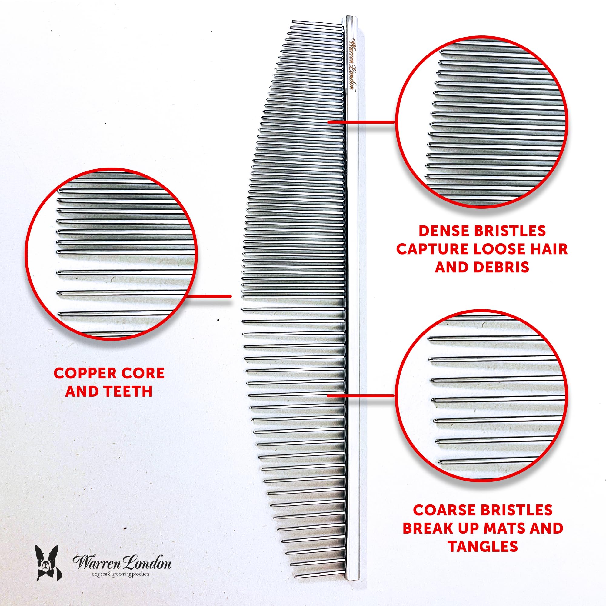 Warren London Copper Crescent Comb teeth closeup emphasizes snag-free design for smooth detangling