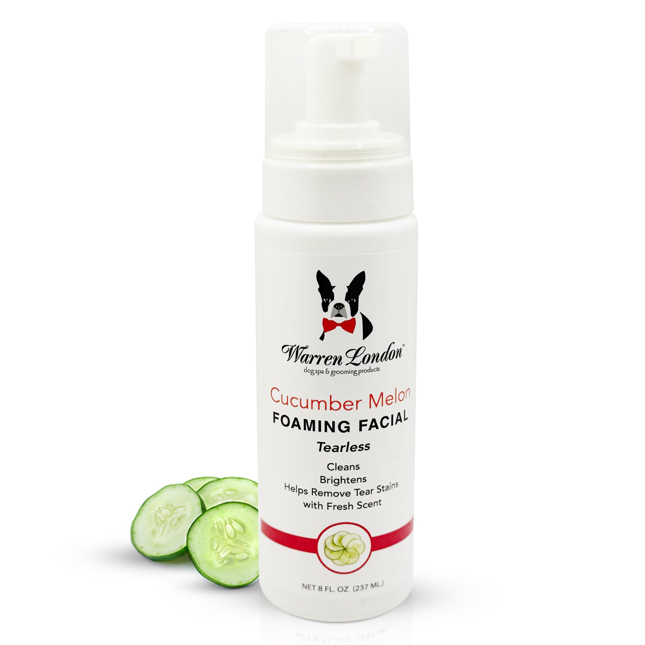 Warren London foaming pet facial bottle showing 8oz size for tear-free cleansing.