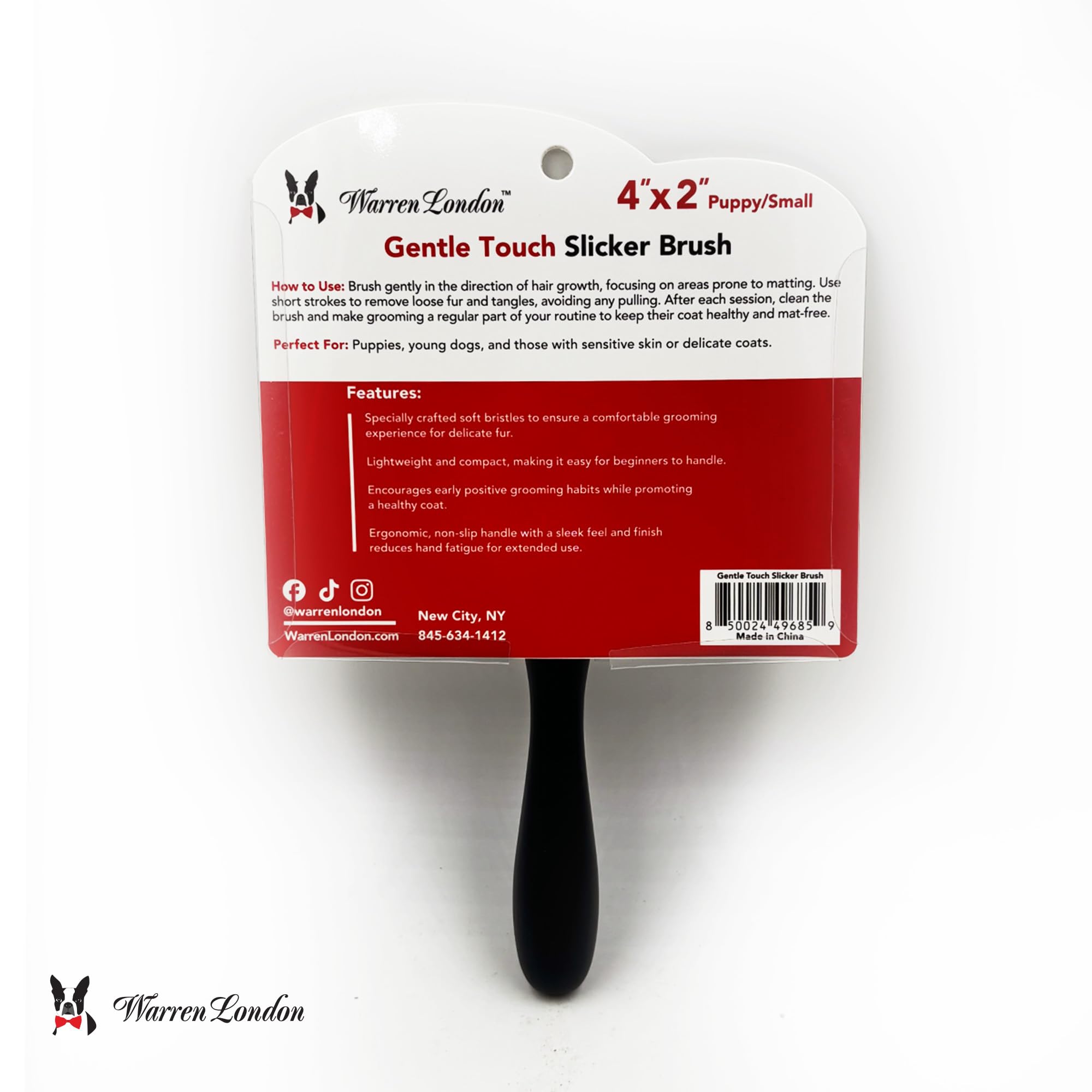 Warren London Gentle Touch Slicker Brush in-hand use shows easy control.