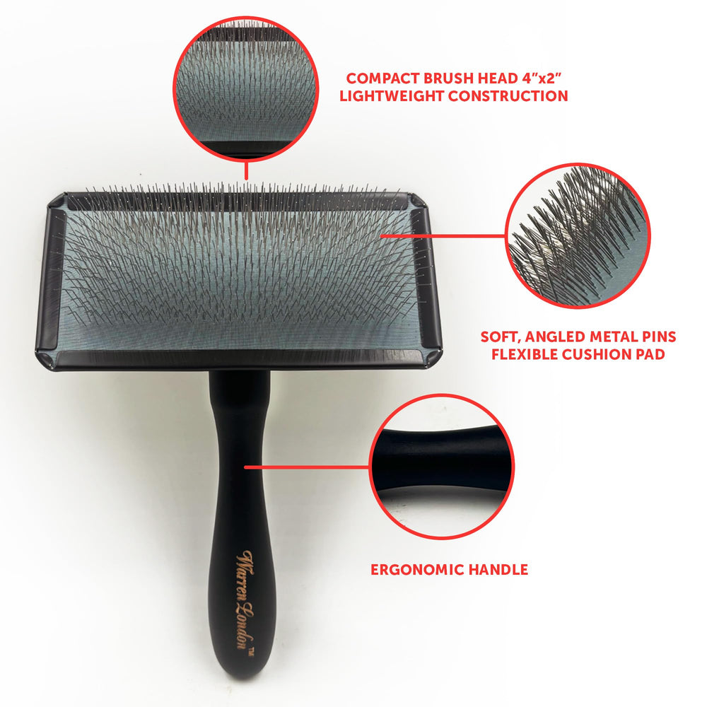 Warren London Gentle Touch Slicker Brush soft pins close-up shows gentle detangling.