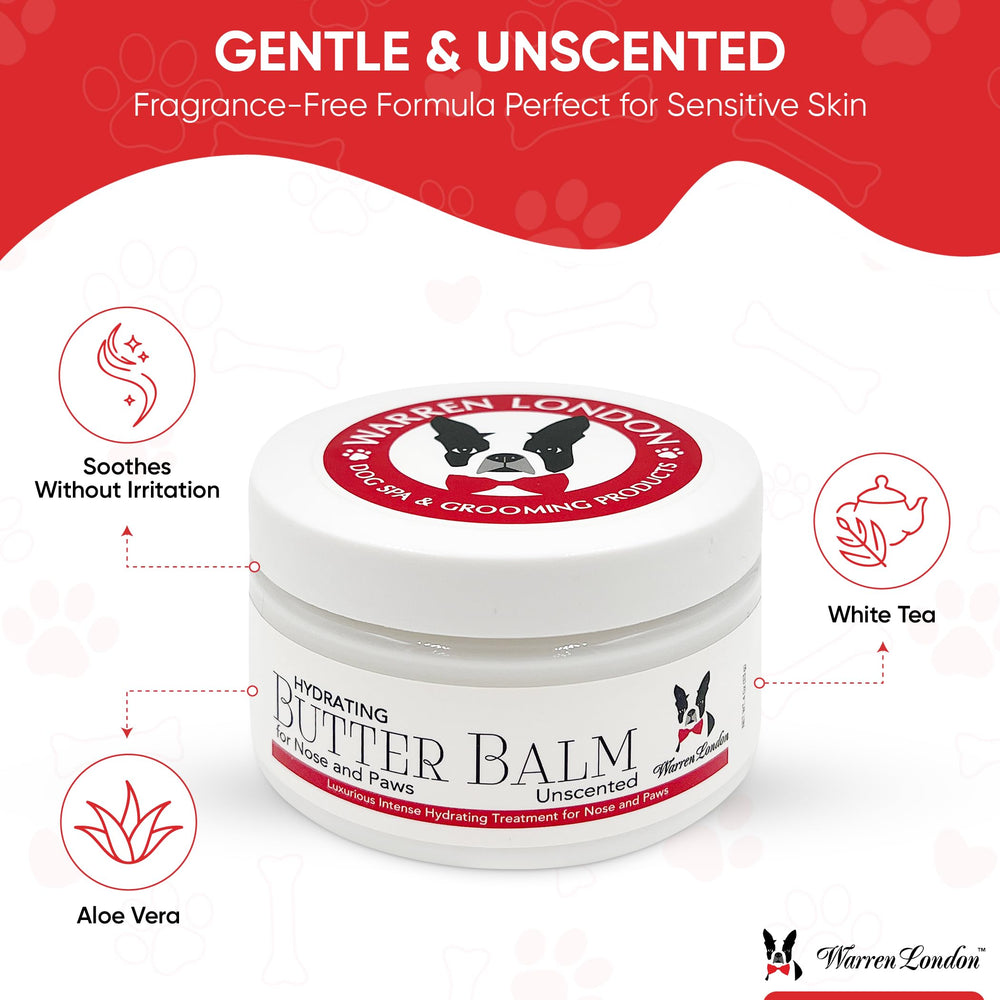 Warren London Hydrating Butter Balm applied to a dog's nose for gentle, unscented care.