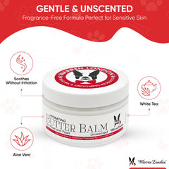 Warren London Hydrating Butter Balm applied to a dog's nose for gentle, unscented care.