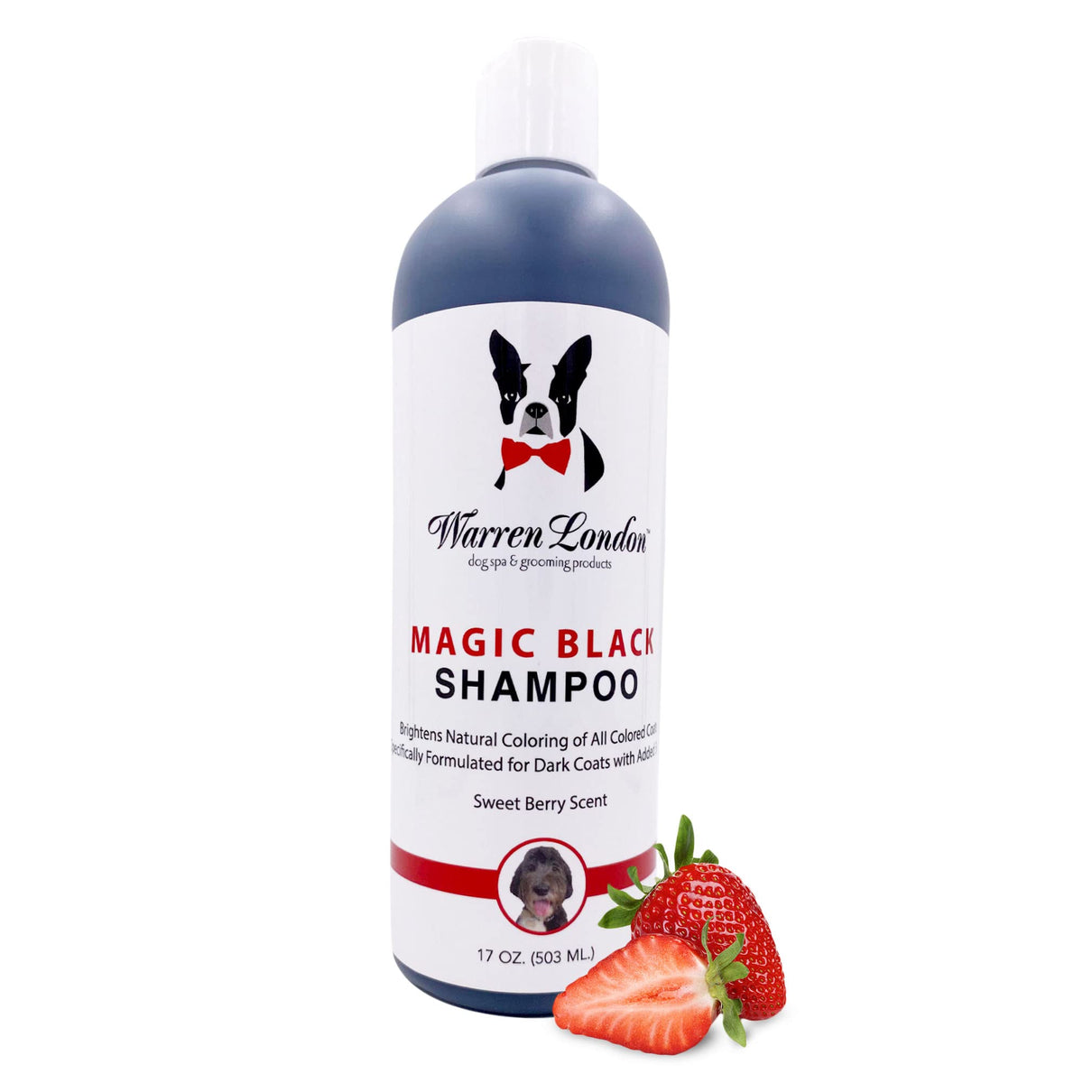 Warren London Magic Black shampoo bottle for brightening dark coats during at-home grooming.