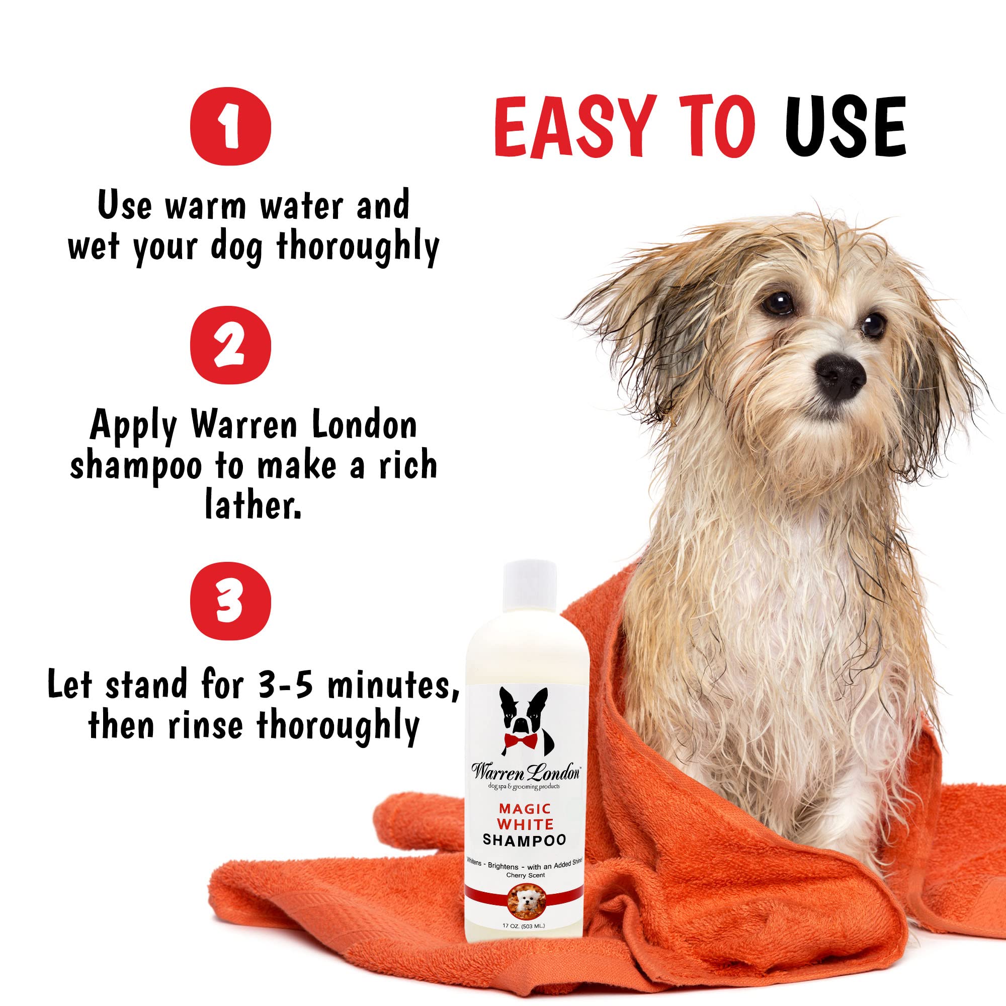 Warren London Magic White Dog Shampoo applied to a light-coated dog during grooming