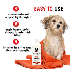 Warren London Magic White Dog Shampoo applied to a light-coated dog during grooming