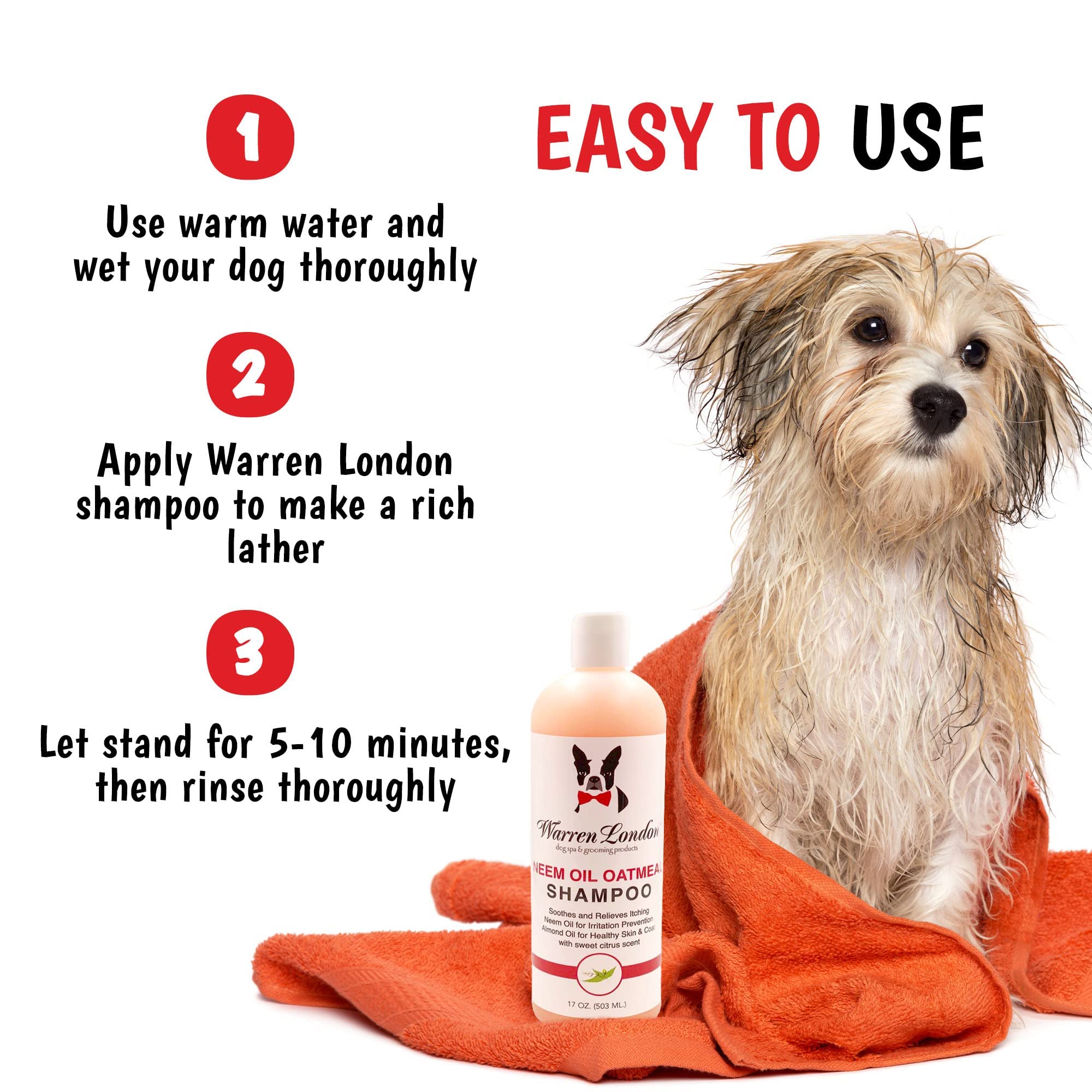 Warren London Neem Oil with Oatmeal Dog Shampoo skin and coat care close-up illustrating soothing relief.
