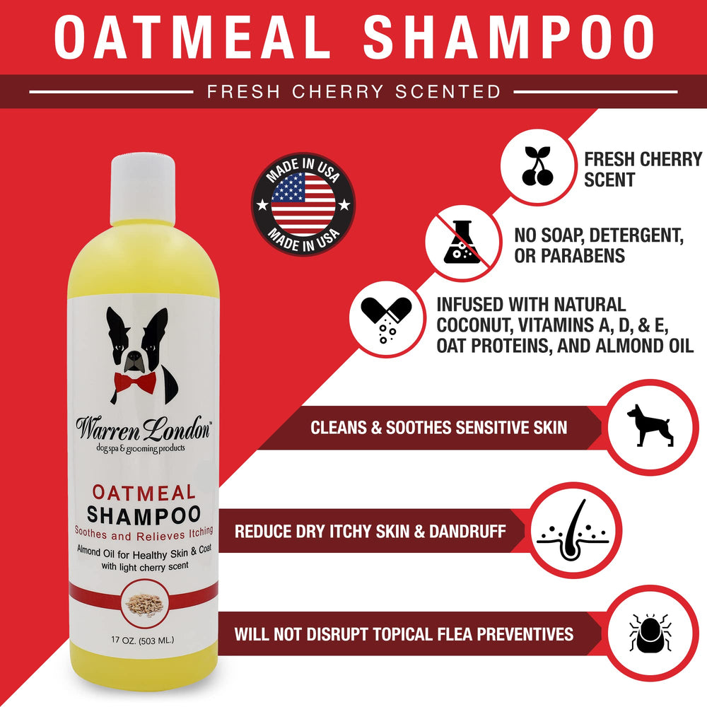 Warren London Oatmeal Dog Shampoo label closeup highlights vitamins and neem oil