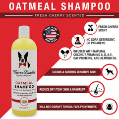 Warren London Oatmeal Dog Shampoo label closeup highlights vitamins and neem oil
