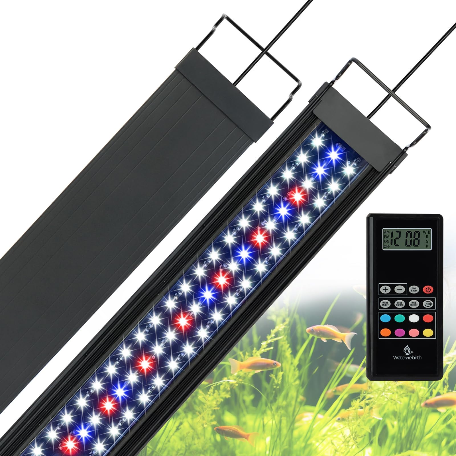 WaterRebirth light strip remote control enables convenient timing and color adjustments from distance.