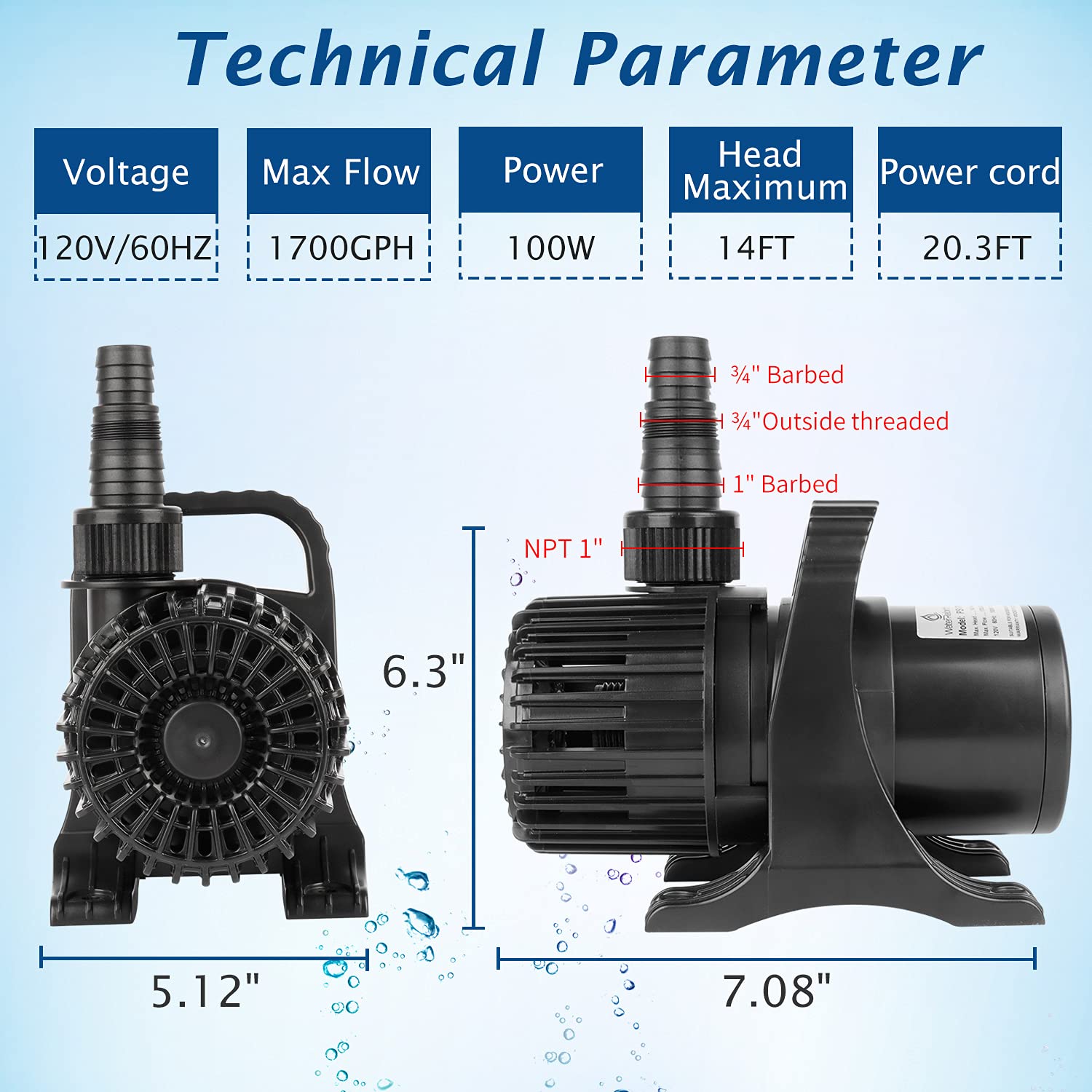 WaterRebirth PS-1700 pump with heat-overload protection for continuous use.