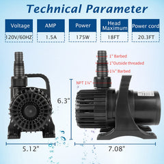 WaterRebirth PS-3200GPH pump with inlet mesh cover reduces debris intake and noise.