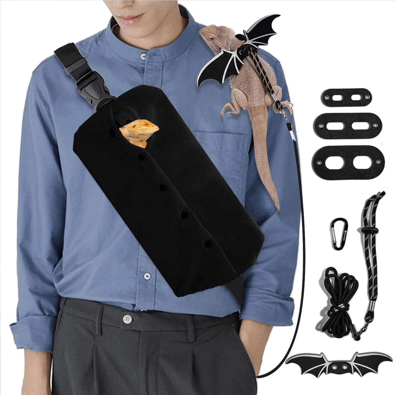 WATFOON lizard sling carrier on bearded dragon for safe outdoor walk.