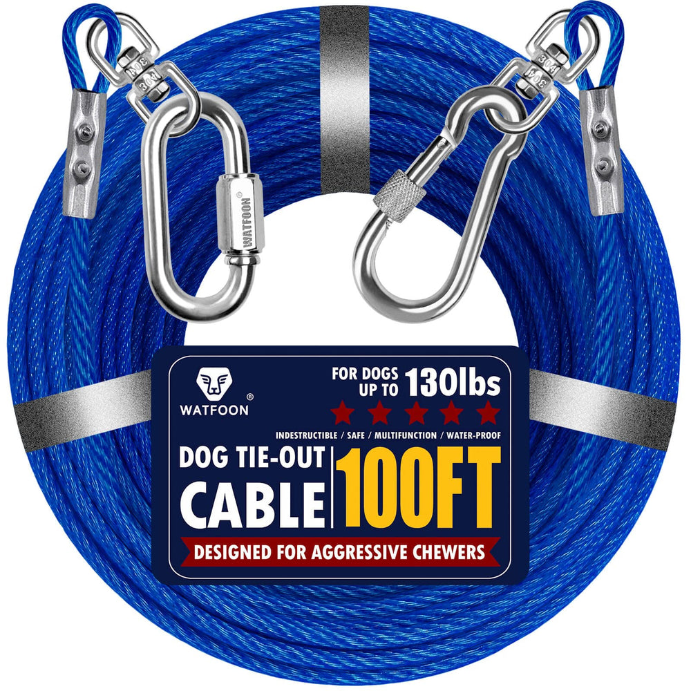 WATFOON 100ft blue dog lead cable for yard tethering and safe containment.