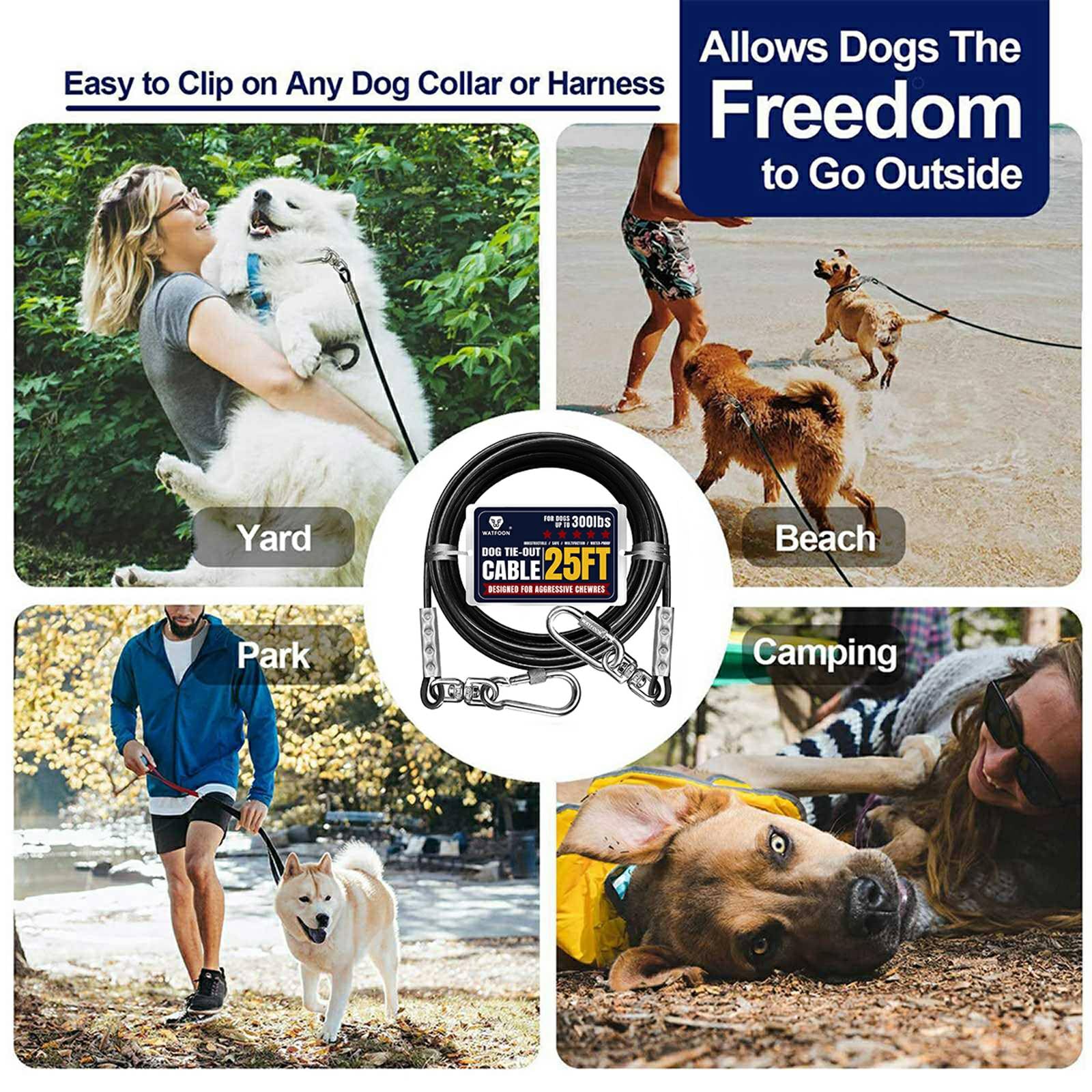 WATFOON tie-out cable in yard park or beach setting for versatile outdoor use