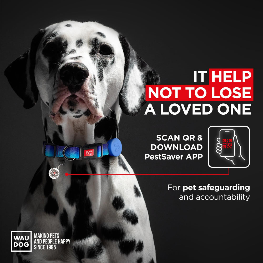 WAUDOG nylon dog collar adjustable size shown on multiple breeds for best fit.