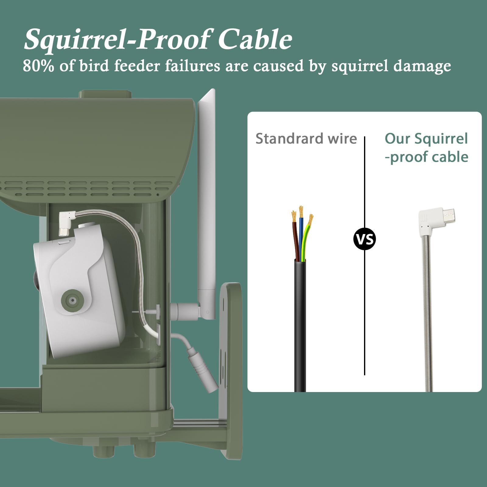 WAVEEME Bird Feeder shows squirrel-proof cable protecting feed during visits