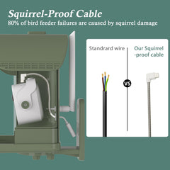 WAVEEME Bird Feeder shows squirrel-proof cable protecting feed during visits